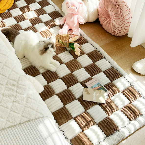 Plush Checkered Bedside Pet Mat - Cozy Cat & Dog Mat