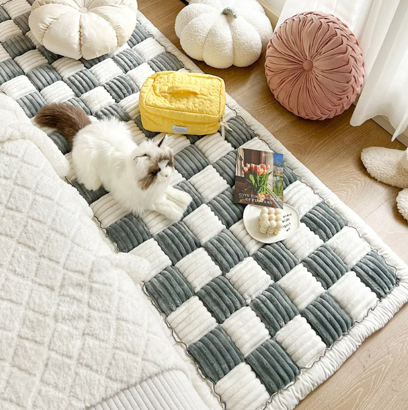 Plush Checkered Bedside Pet Mat - Cozy Cat & Dog Mat