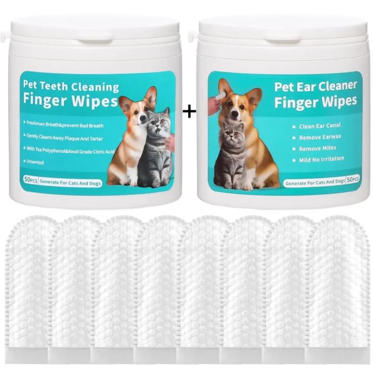 Pet Ear & Tooth Cleaning Wipes - Finger Stall Grooming Set